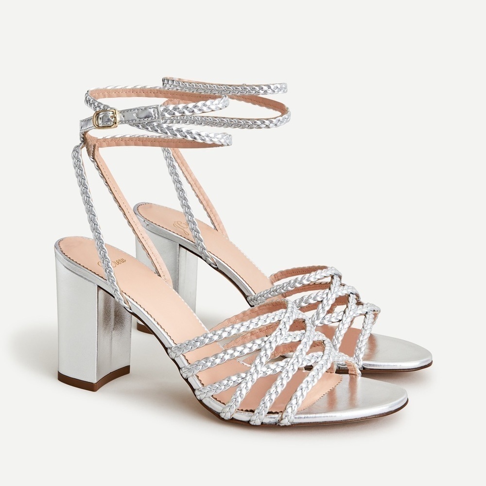 J.Crew / metallic braided Leather Silver Sandals heels 8